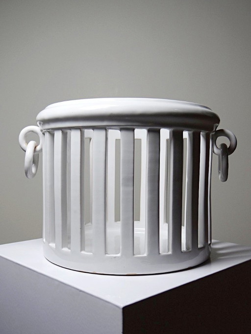 Openwork white earthenware pot cover Malicorne Bourg-Joly Emile Tessier 1960
