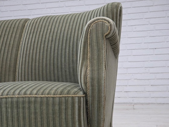 Image 1 of 1960s, Danish 3-seater sofa, original green furniture velour, oak wood.