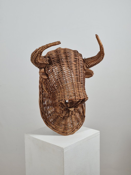Vintage Mid Century Rattan Stierkopf Büste Wandbehang