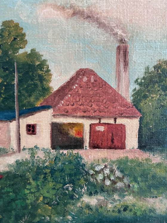 Image 1 of Peinture à l'huile originale vintage représentant un paysage, signée, œuvre d'art de ferme