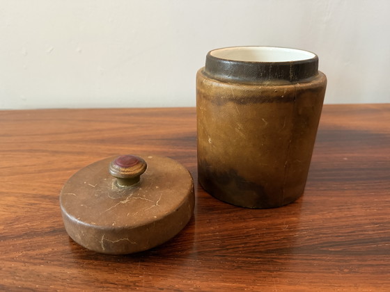 Image 1 of Ceramic tobacco jar with leather upholstery – circa 1940s–1950s