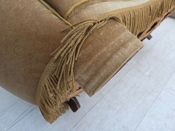 Image 1 of 1960s, Danish "Banana" 2-seater sofa, green furniture velour, oak wood.