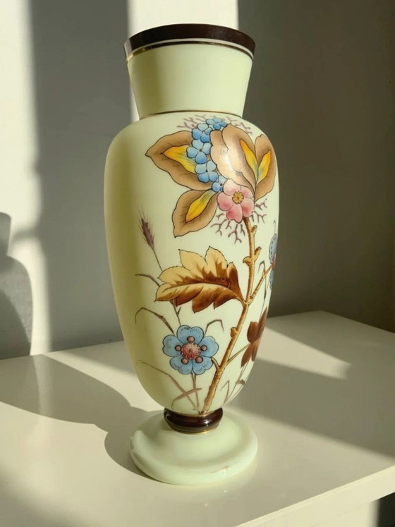 Image 1 of Antique Bohemian Art Nouveau Uranium Satin Glass Vase - Harrach - c. 1900
