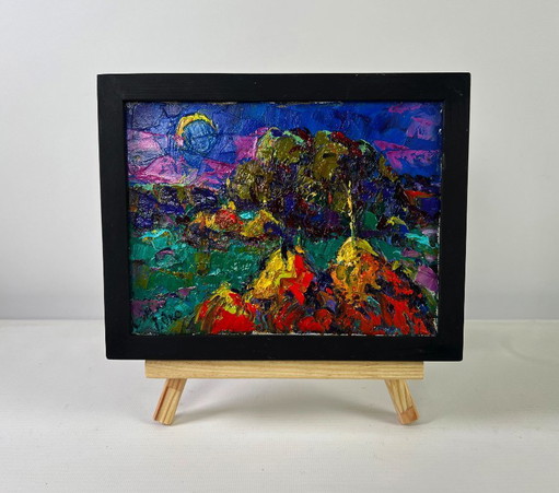 Original Oil Painting Summer Night Landscape Silence shining with a silver sky