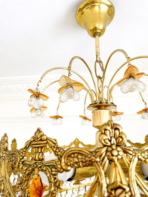 Lámpara de araña vintage de cristal con forma de fruta – Cristal naranja estilo Murano – Latón – 5 luces – Hecha en España