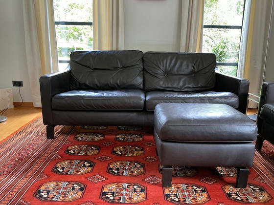 Image 1 of 1 x three-seater, 1 x two-seater + footstool, dark brown leather, by Durlet, salon Aspe leather Elite 8205.