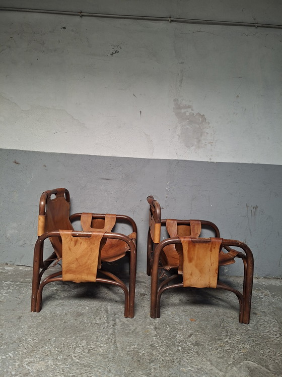 Image 1 of 2 poltrone safari in pelle e bambù di Tito Agnoli per Bonacina