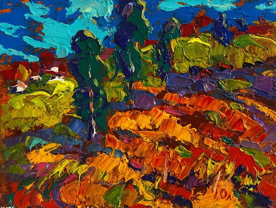 Image 1 of Original Oil Painting Day Field Landscape In the autumn meadows