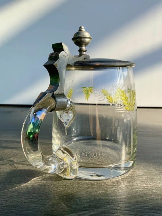 Image 1 of Boccale da birra antico con coperchio in peltro e smalto dipinto a mano (0,4 l)