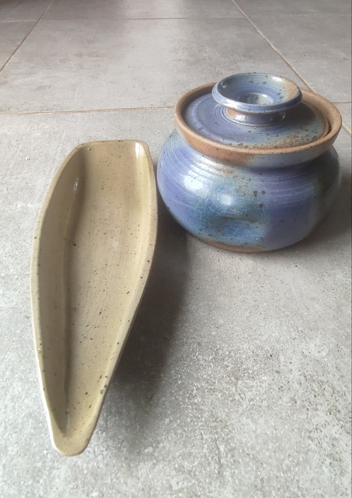 Vintage geglazuurd aardewerk servies, gesigneerd Béceleuf