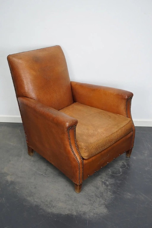 Vintage Franse clubfauteuil van cognackleurig leer, jaren 1940