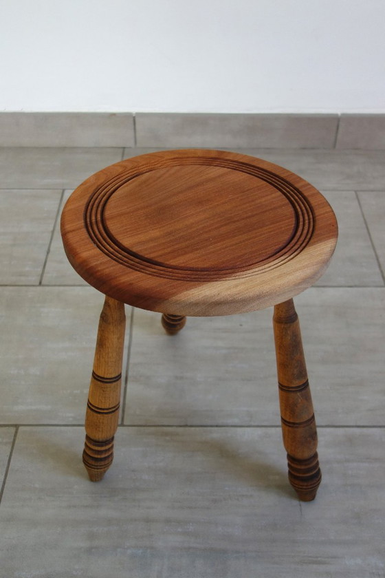 Brutalist Vintage Tripod Stool, France, 1930s, Wood, Brown, Rustic (photo 2 of 8)