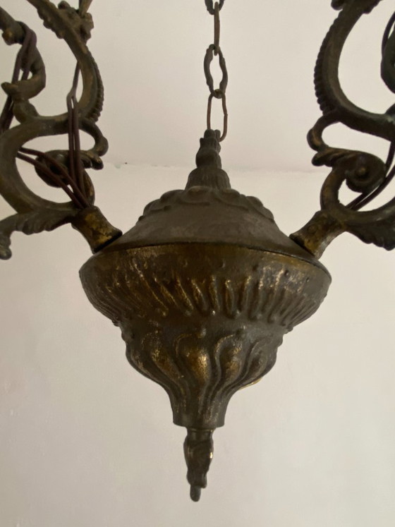 Vintage Joegoslavische kroonluchter met 3 lampen en opaalglas, jaren 60-70. – Metal (photo 5 of 11)