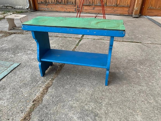 Vintage Blue Painted Wooden Bench – Benches, Plastic, Mid Century Modern (photo 6 of 7)