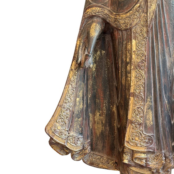 Antique Burmese Standing Buddha – Monumental Temple Statue in Teak Wood (166 cm) – Sculpture (photo 5 of 11)