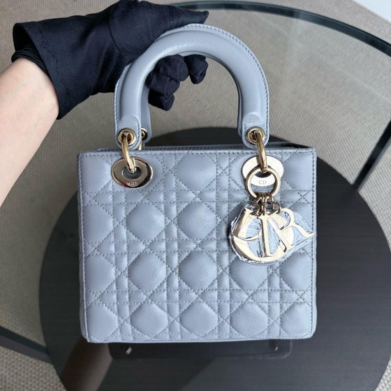 Image 1 of DIOR LADY SMALL - CANNAGE LAMBSKIN LIGHT GREY GRAY GOLD HARDWARE
