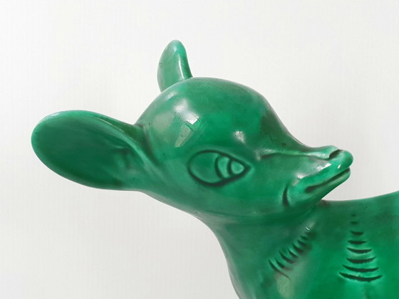 Image 1 of IMPORTANT FAON BAMBI 1960 GEANT VINTAGE CERAMIQUE VERTE HAUTEUR 30CM 60S 1960S