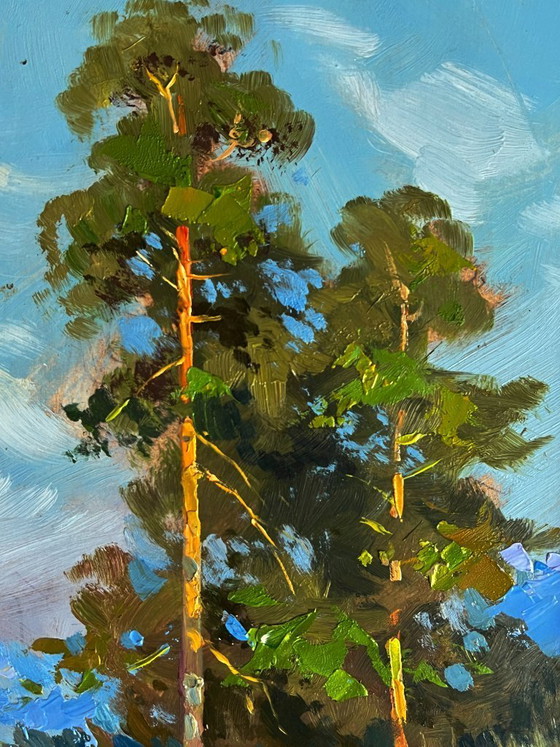 Image 1 of Peinture à l'huile originale, paysage d'été, vaches se promenant dans la nature