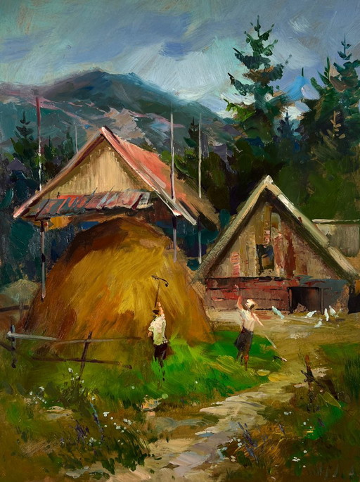 Original Oil Painting Rural Landscape Village Life House On The Mountains – schilderijen tekeningen, Mdf