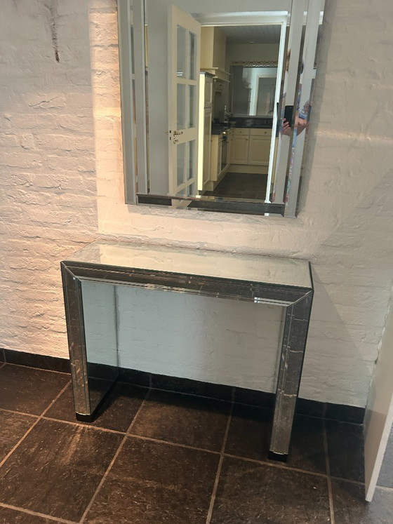 Art Deco Faceted Wall Mirror with Matching Sidetable – Glass, Wood (photo 4 of 10)