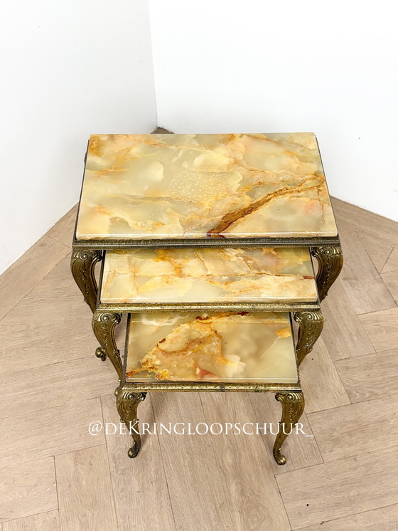Image 1 of Vintage marble onyx brass nesting box, three side tables
