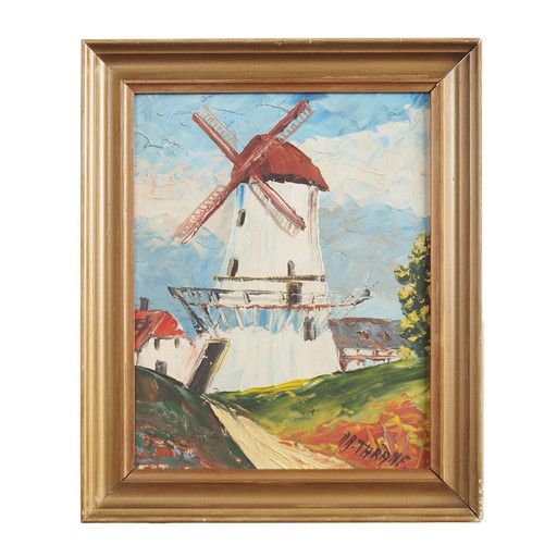 Peinture "Le moulin à vent coloré", design scandinave, 20e siècle, par Aage Verner Thrane