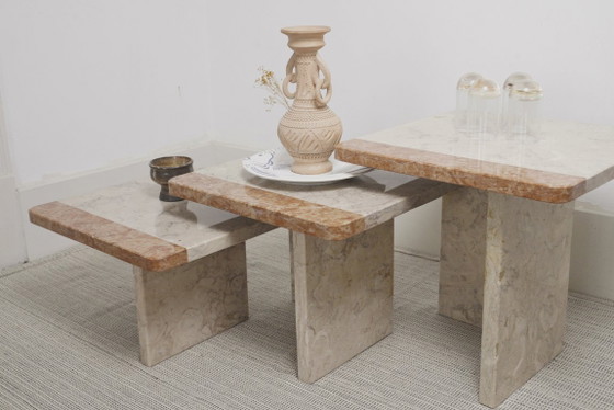 Image 1 of  Vintage Marble Nesting Tables Set of 3, Square Side Tables, Postmodern Solid Fossil Marble Stone Coffee Tables, Modern Accent F