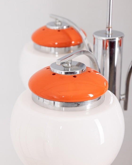 Image 1 of Vintage kroonluchter 70s Oranje Metaal en Glas Italiaans Ontwerp