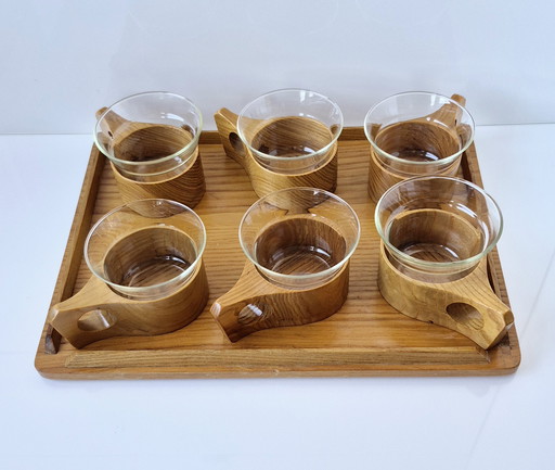 Vintage tea service, tea set, wooden cups + Jena glass Schott, 1960, with tray
