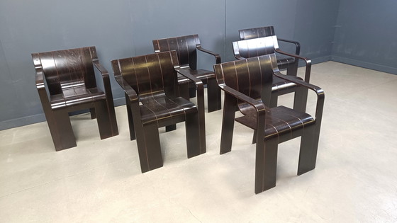 Image 1 of Ensemble de 6 chaises de salle à manger vintage en bandes par Gijs Bakker pour Castelijn, 1970