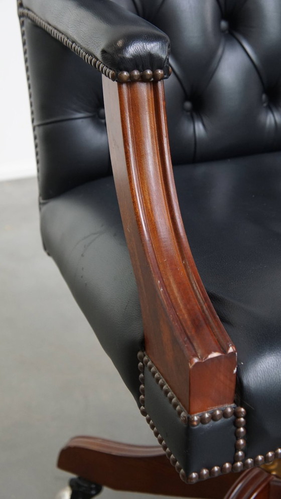 Image 1 of Dark blue/ black cowhide leather chesterfield office chair on wheels