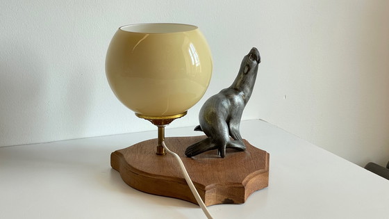 Image 1 of Art Deco Sea Lion Lamp Metal and Blown Glass France