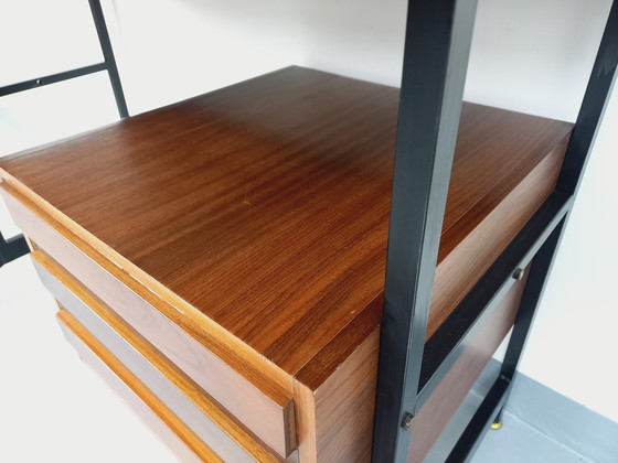 Image 1 of Italian modernist desk with built-in modular string bookcase in teak, metal and melamine from the 60s