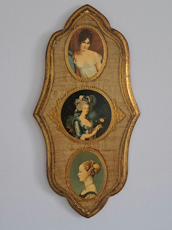 Image 1 of Vintage Italian Florentine Wall Plaque – Gilt Wood – Three Classical Portraits – Hollywood Regency