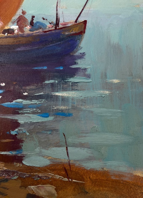 Image 1 of Peinture à l'huile originale représentant un paysage marin côtier. Bateau solitaire dans les vagues.