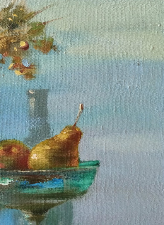 Originales Ölgemälde Abstraktes Flaschen-Früchte-Stillleben – Gemälde & Zeichnungen, Canvas (photo 7 of 12)