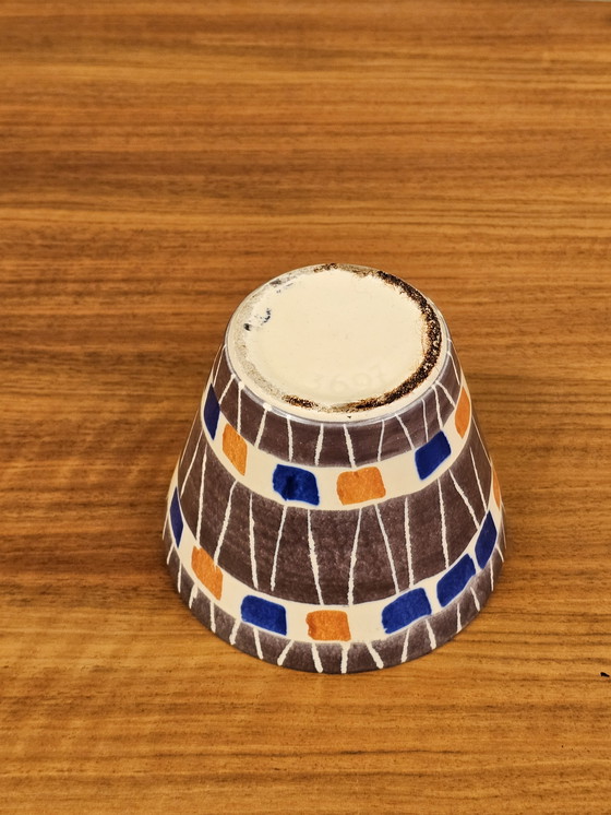 Image 1 of Pot de fleurs vintage à motif géométrique bleu orange