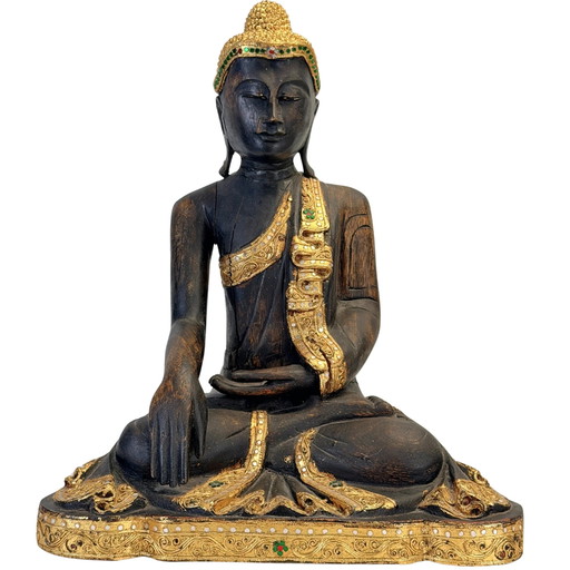 Antique Burmese Buddha with gilding and glass inlay – 50.5 cm