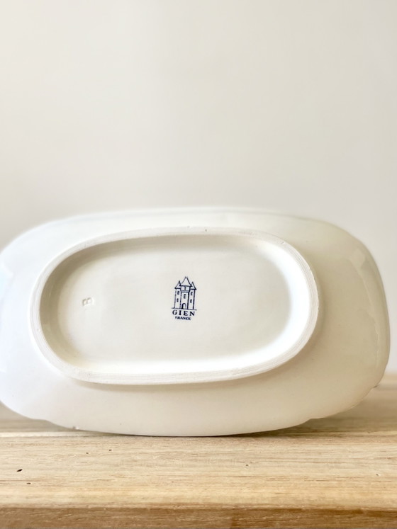 Image 1 of Vintage Gien France Gravy Boat with Stand Blue White Faience - French Mid-Century Pottery Collectible Tableware
