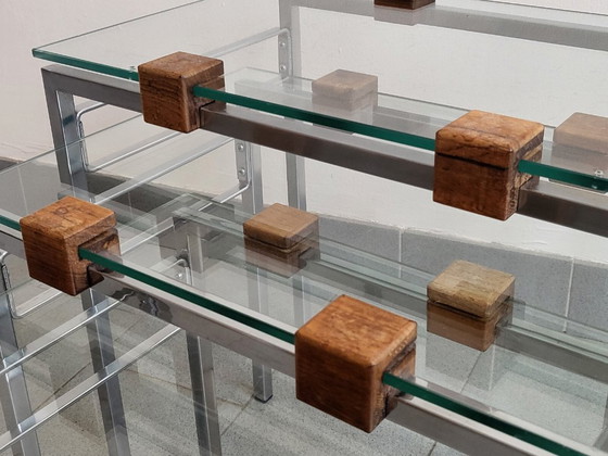 Image 1 of SET DI 3 TAVOLINI IMPILABILI SCANDINAVI VINTAGE ANNI '60 IN TEAK, ACCIAIO E VETRO ANNI '60