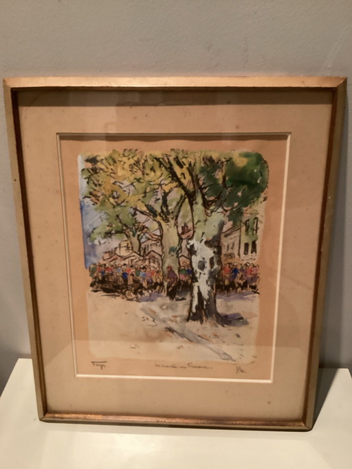 Yves Brayer (1907-1990) kleurenlitho “Un marche en Provence” - Handgesigneerd- Zeer zeldzame kleine oplage 5/30.