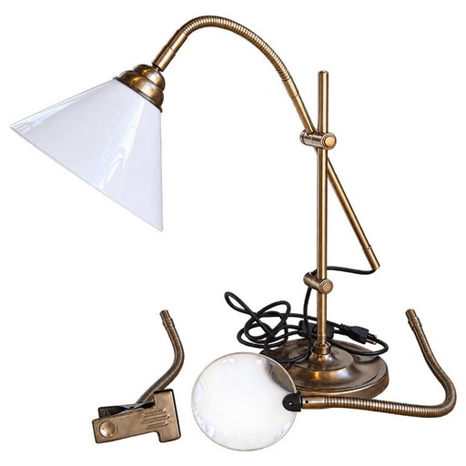 Gelenk-Schreibtischlampe Daylight mit Lupe und Klemme – Antikmessing-Finish