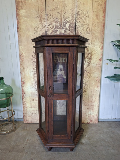 Sechseckiger Vitrinenschrank aus dunklem Teakholz, Porzellanschrank, Whisky-Bar, Weinschrank, Maße 61 x 55 cm und 120 cm hoch.