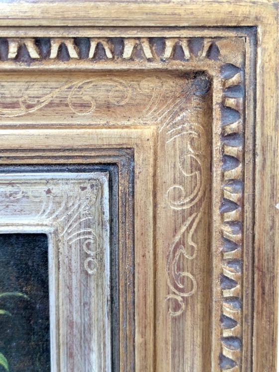 Image 1 of Peinture à l'huile florale ancienne sur toile dans un cadre doré orné, signée par l'artiste