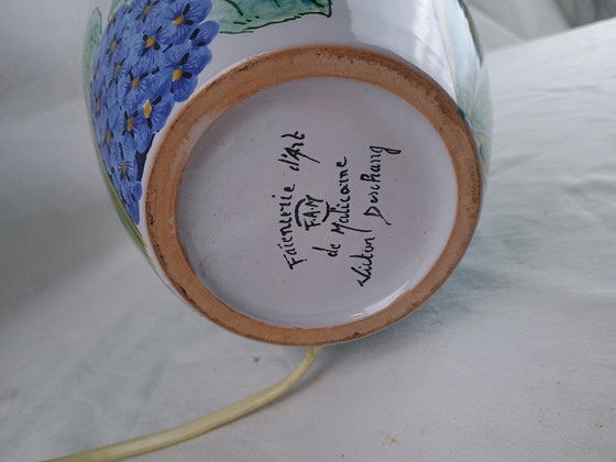 Image 1 of Signed FAM Faïencerie d’Art de la Malicorne Victor Deschang French Vintage Handmade Ceramic Table Lamp Floral Blue Design – 1960