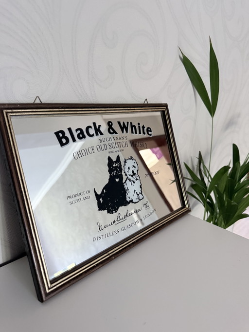 Specchio da bar/pubblicitario in bianco e nero con cornice in legno. – decoratieve objecten, Wood, Glass