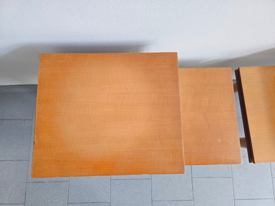 Image 1 of PAIR OF ASYMMETRICAL VINTAGE BEDSIDE TABLES FROM THE 1960s IN VARNISHED BEECH & BRASS