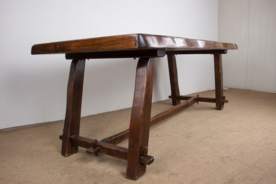 Image 1 of Large Brutalist style dining table, farmhouse style, in solid elm in the style of Olavi Hanninen 1960.