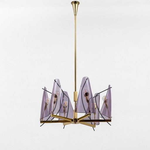 Lampadario italiano Stilux Milano di metà secolo in ottone e plexiglass viola, anni '70