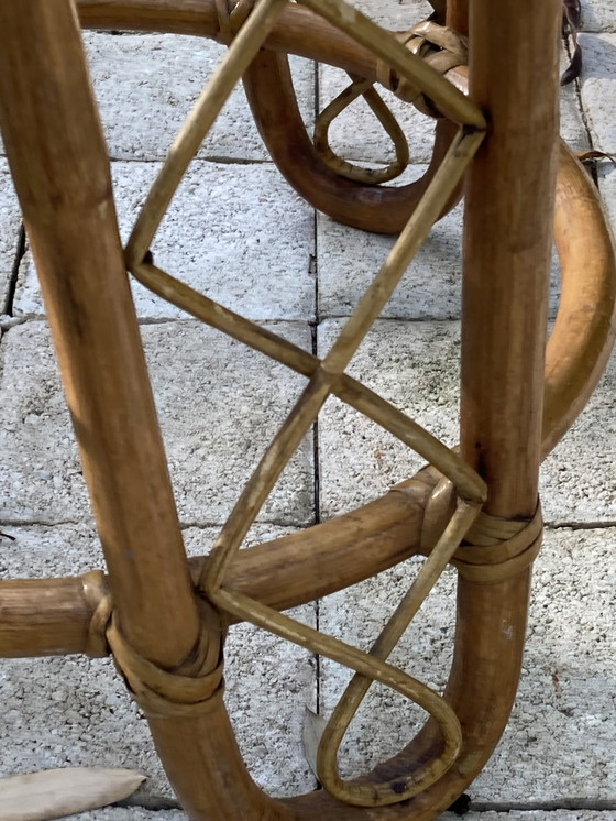 Image 1 of Pair of round coffee tables in rattan and glass, vintage 1960s